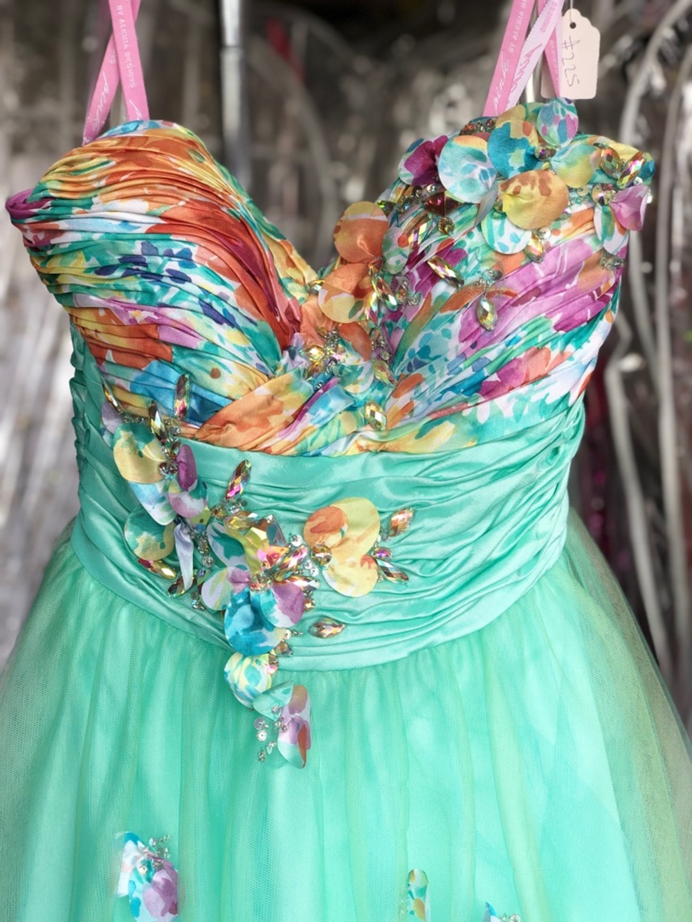 Girls' Mint Floral-Accent Party Dress